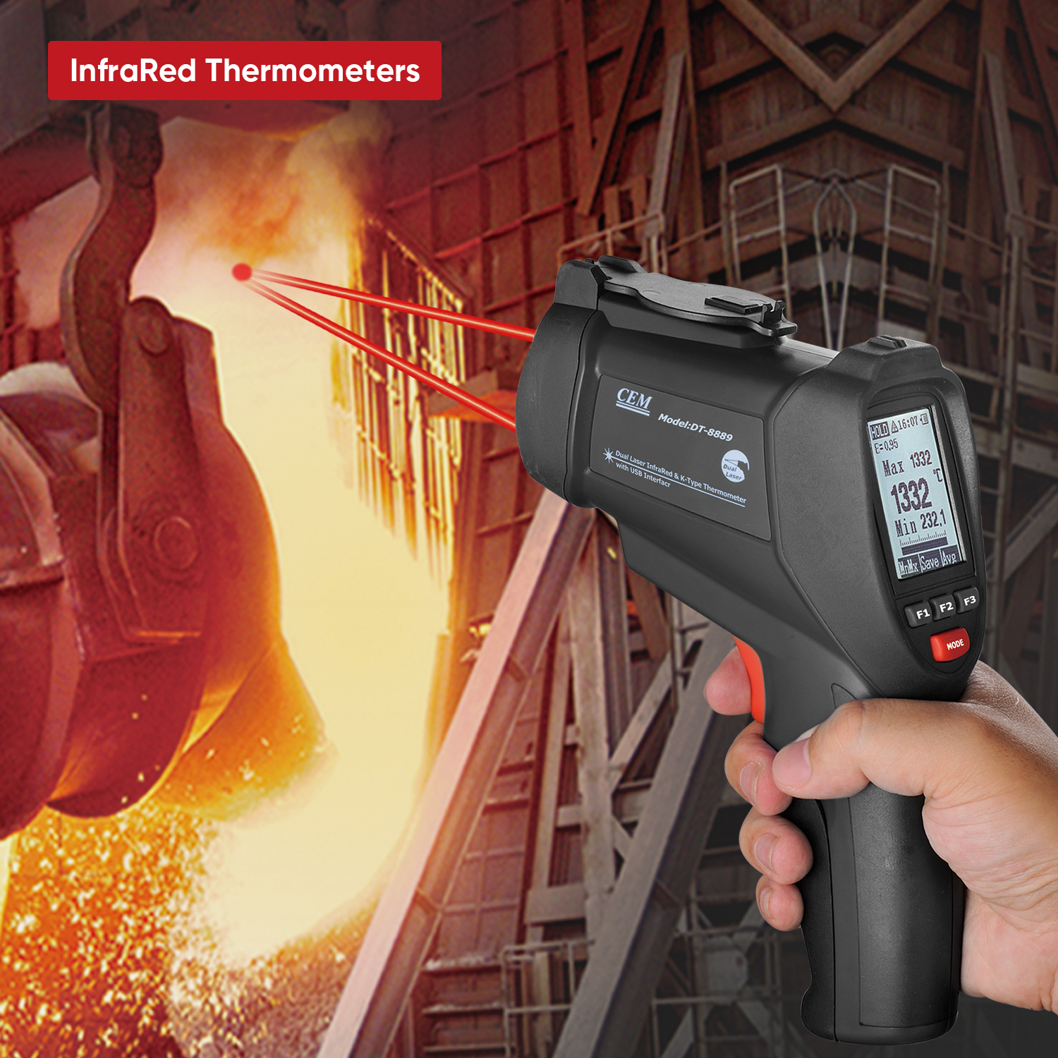 DT-8889 High Temperature IR Thermometer | -50 to 1850°C | 75:1 D:S Ratio | Adjustable Emissivity | 8889