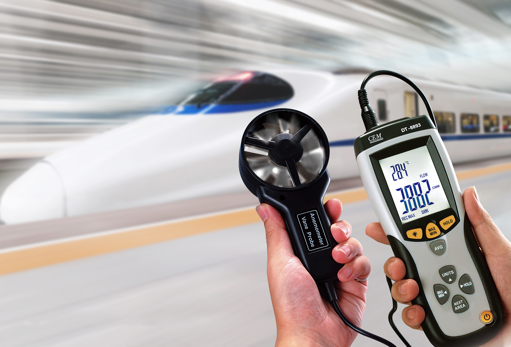 DT-8893 Thermo-Anemometer | CFM/CMM Air Flow Meter with Vane Wheel | 0.4-30 m/s Velocity & Air Temperature