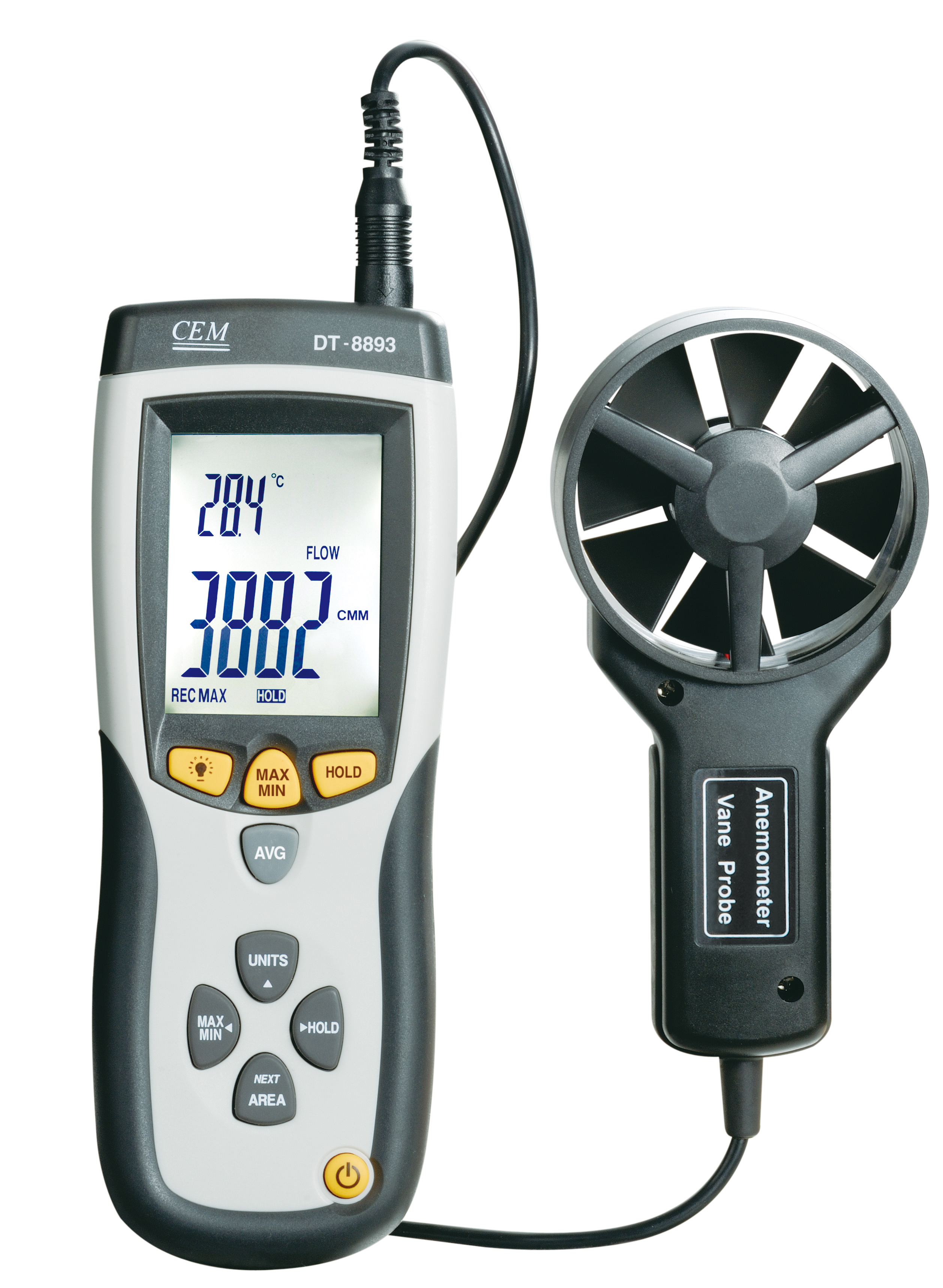 DT-8893 Thermo-Anemometer | CFM/CMM Air Flow Meter with Vane Wheel | 0.4-30 m/s Velocity & Air Temperature