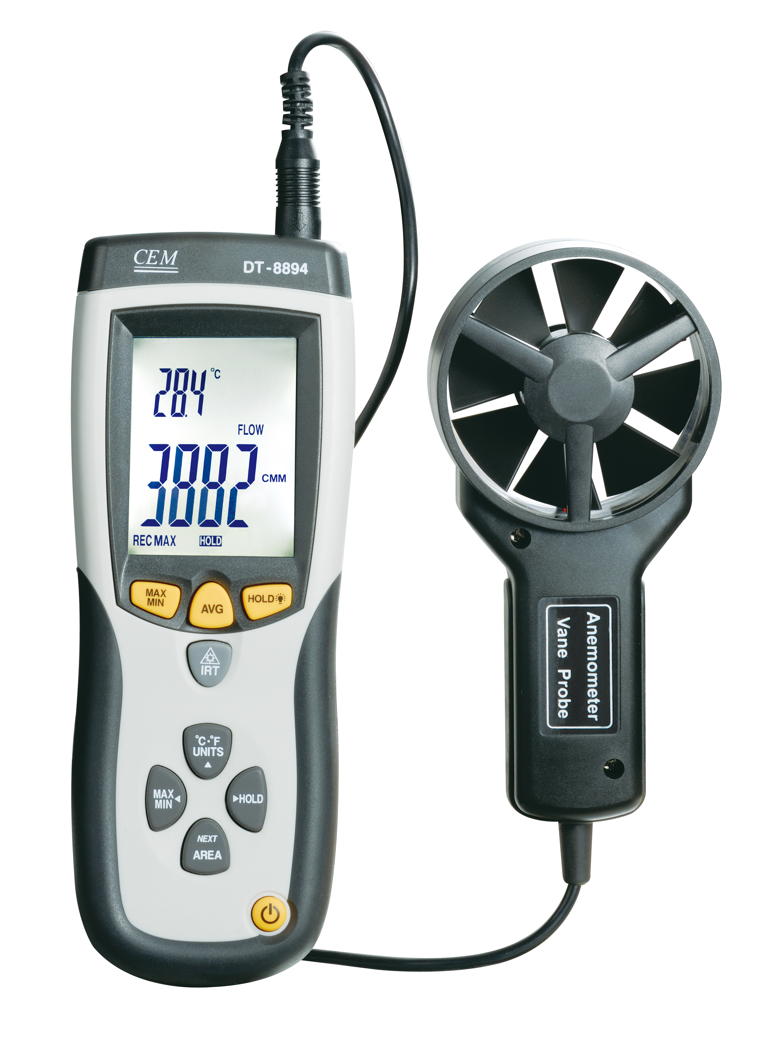 DT-8894 Thermo-Anemometer with IR Thermometer | CFM/CMM & Non-Contact Surface Temperature to 500°C