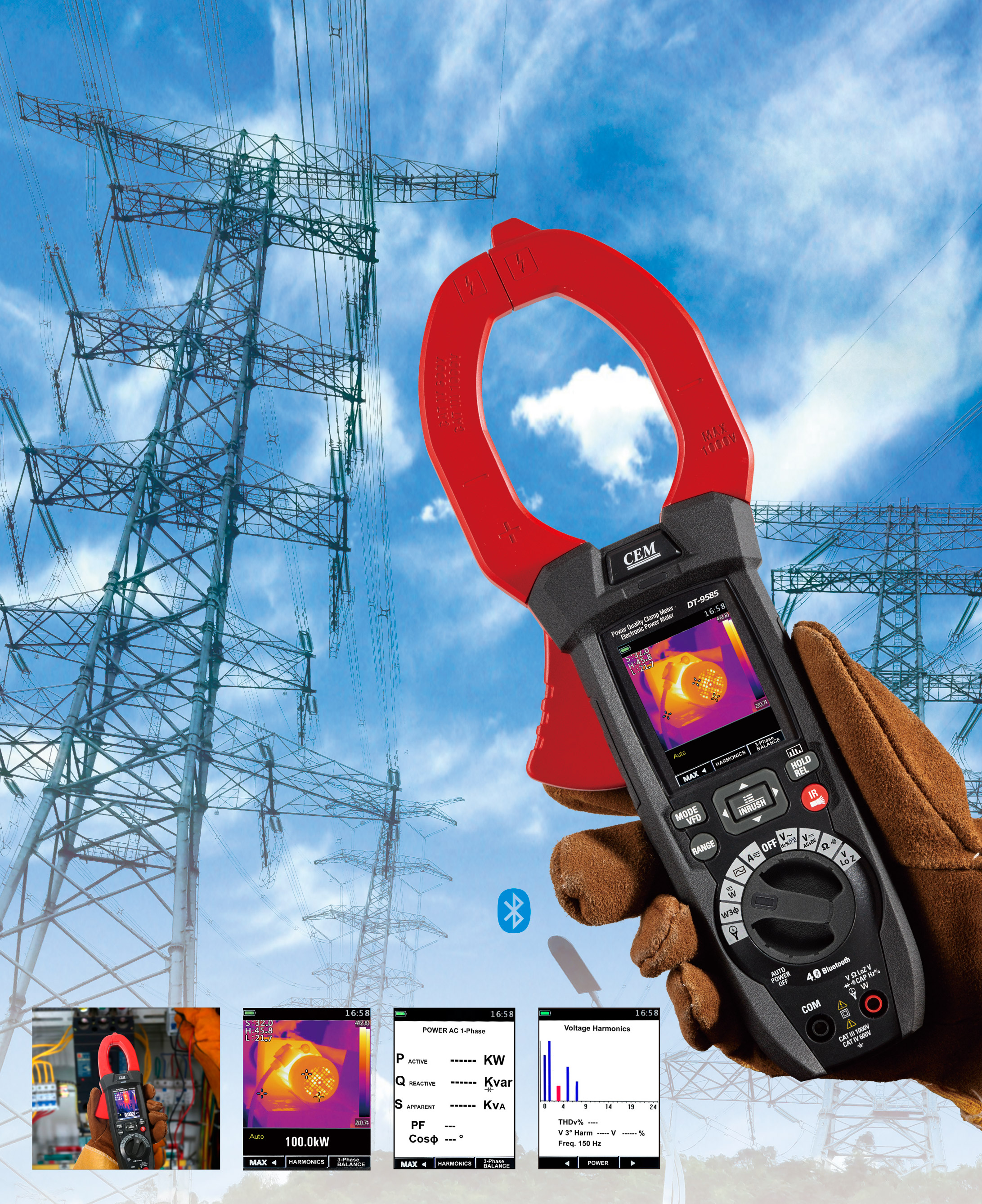 DT-9585 2000A Power Quality Clamp Meter with Thermal Camera | 80x80 IR Imager | Harmonic Analysis | Bluetooth | True RMS