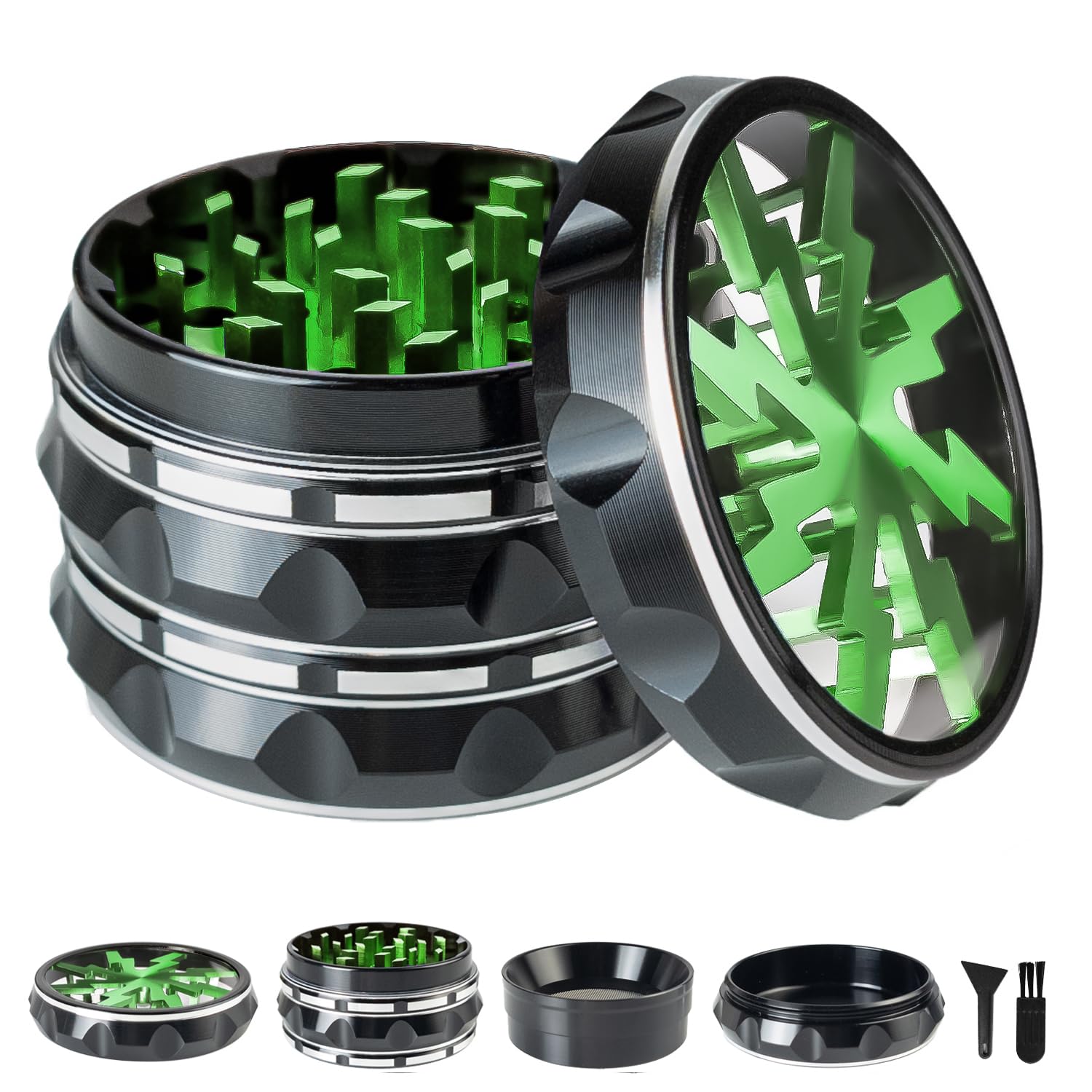 63mmAluminium Large Grinder with Clear Top, Green