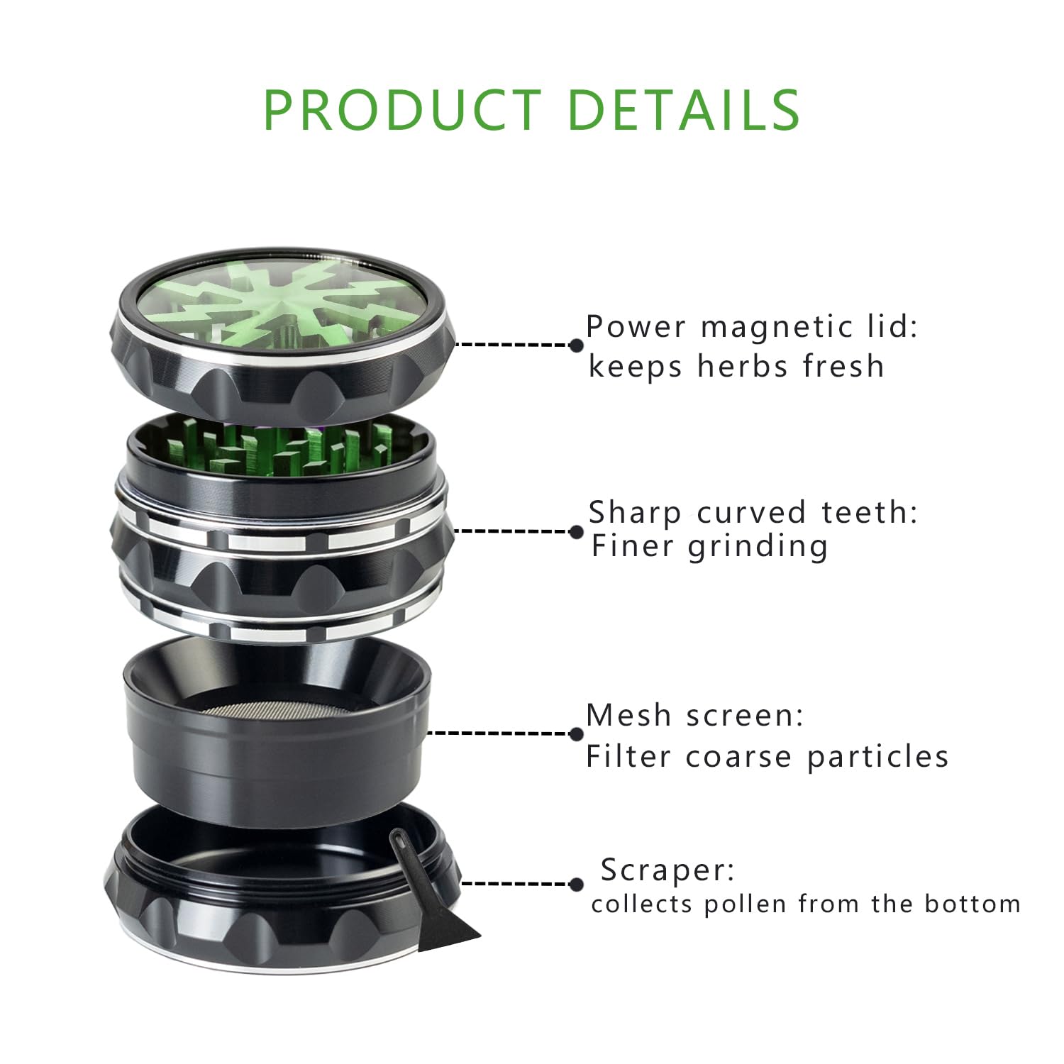 63mmAluminium Large Grinder with Clear Top, Green