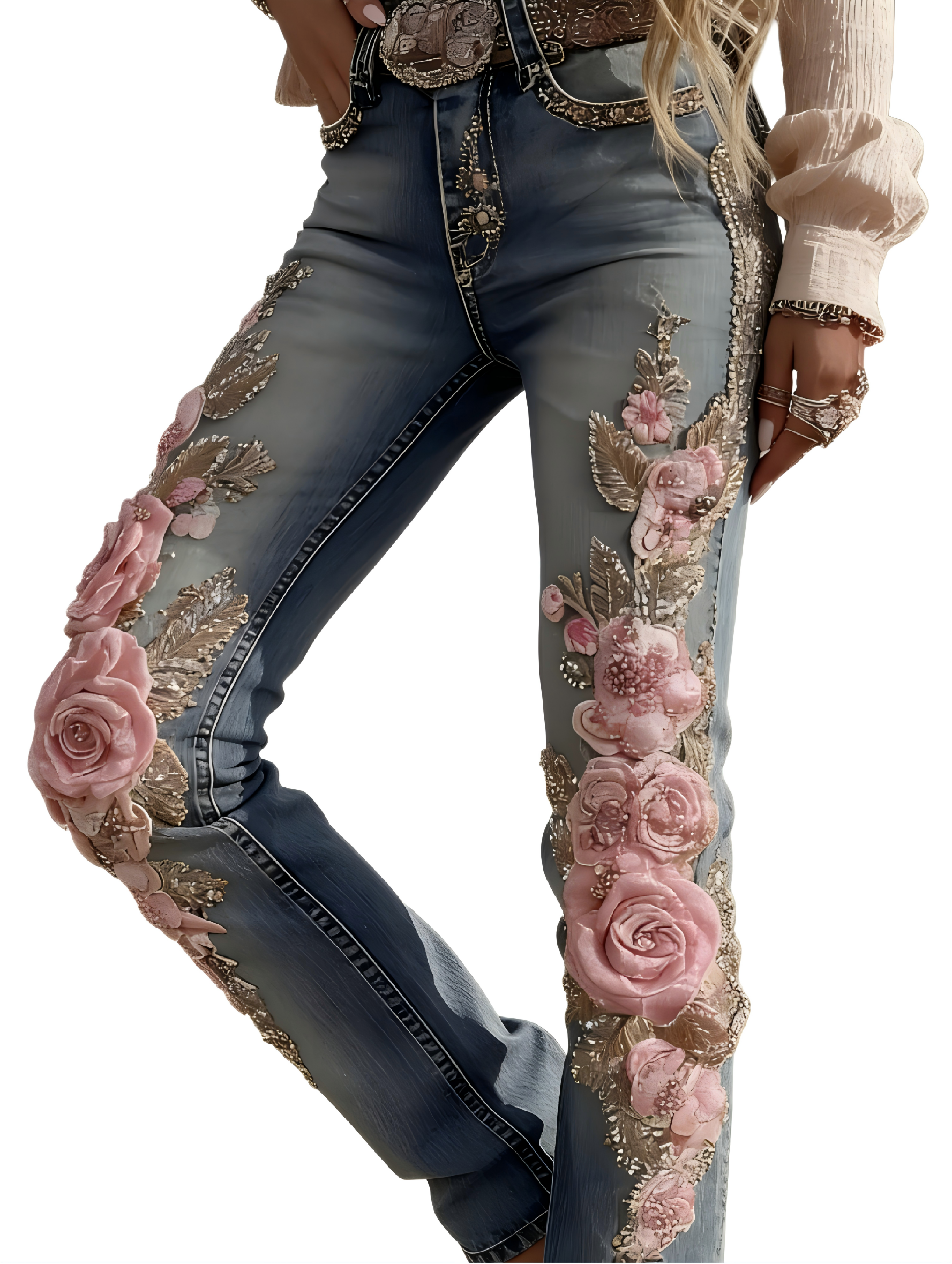 Women's Vintage Rose Floral Embroidery Art Jeans