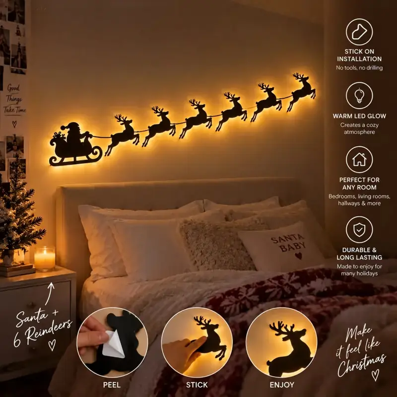 Illuminated Wooden Reindeer Sleigh Wall Decor - Bring the Magic of Christmas Night Right Onto Your Walls! 🎄✨