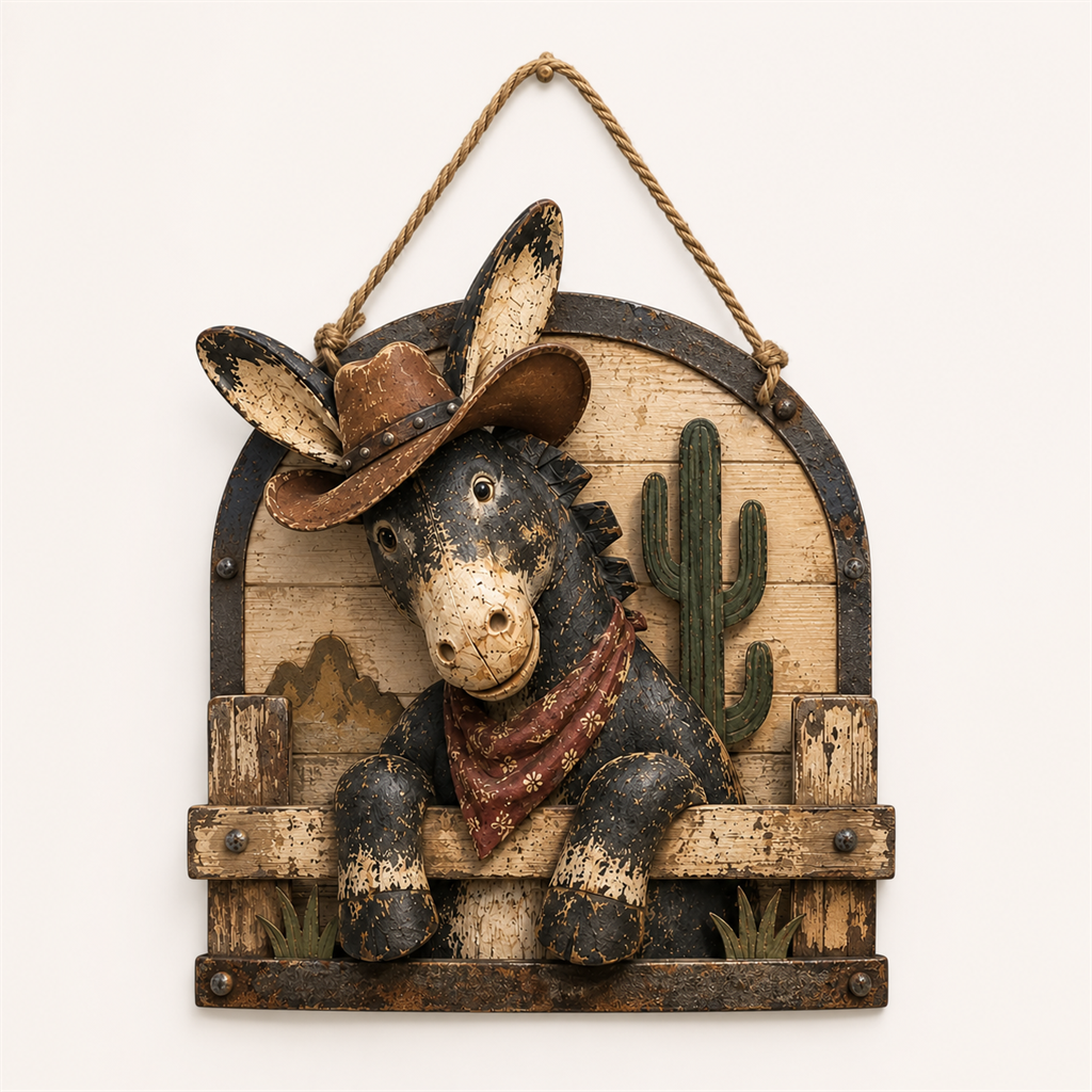 Rustic Cowboy Donkey Wall Hanging – Western Farmhouse Décor & Country Keepsake