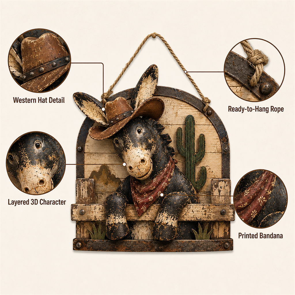 Cowboy donkey wall hanging detail callouts