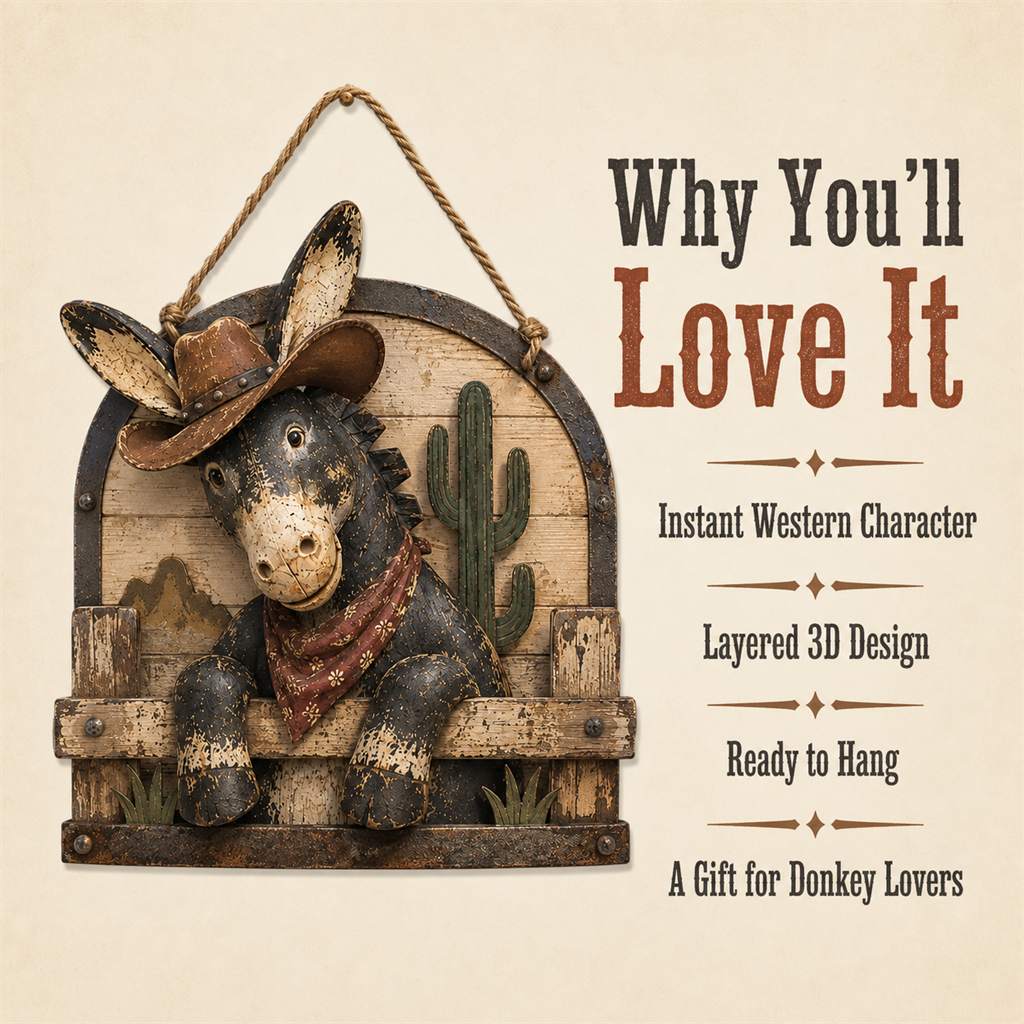Rustic Cowboy Donkey Wall Hanging – Western Farmhouse Décor & Country Keepsake