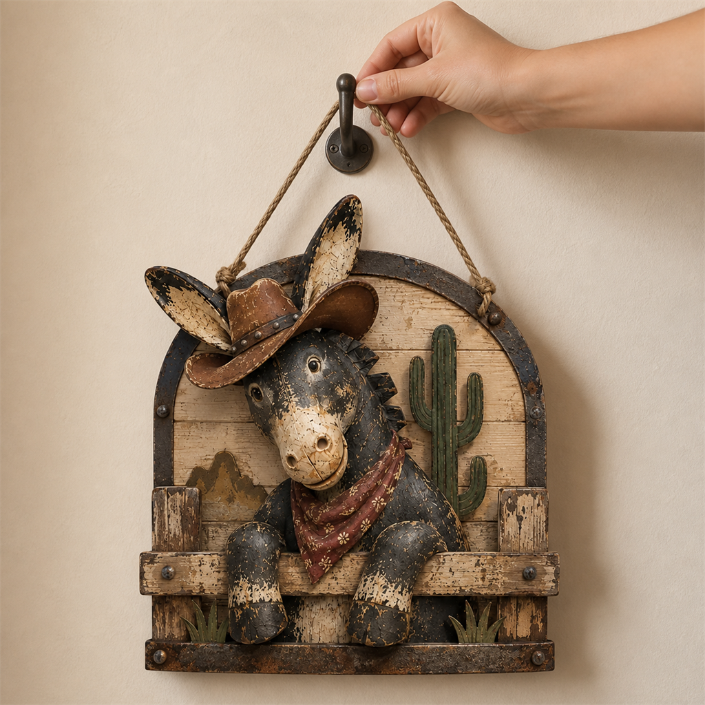 Rustic Cowboy Donkey Wall Hanging – Western Farmhouse Décor & Country Keepsake