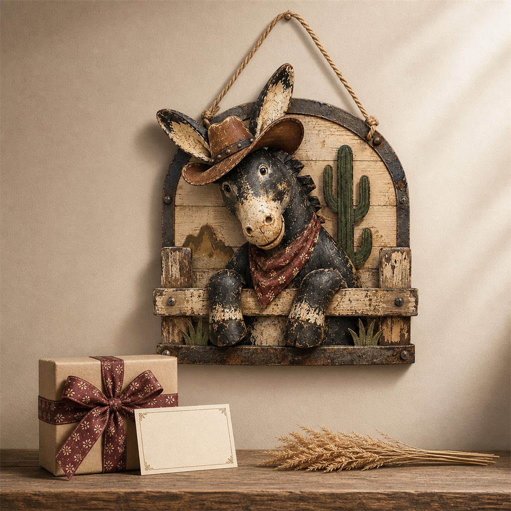 Rustic Cowboy Donkey Wall Hanging – Western Farmhouse Décor & Country Keepsake