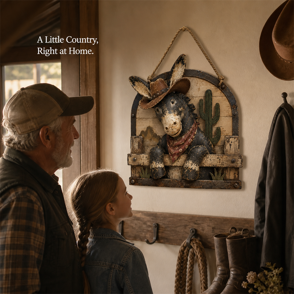 Rustic Cowboy Donkey Wall Hanging – Western Farmhouse Décor & Country Keepsake