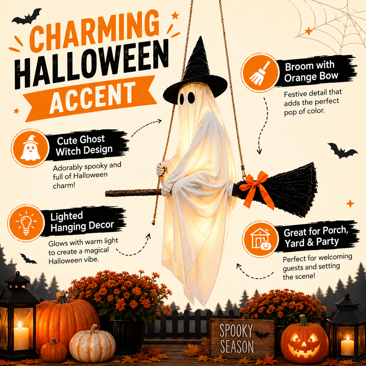 Lighted Hanging Ghost Witch Halloween Decoration