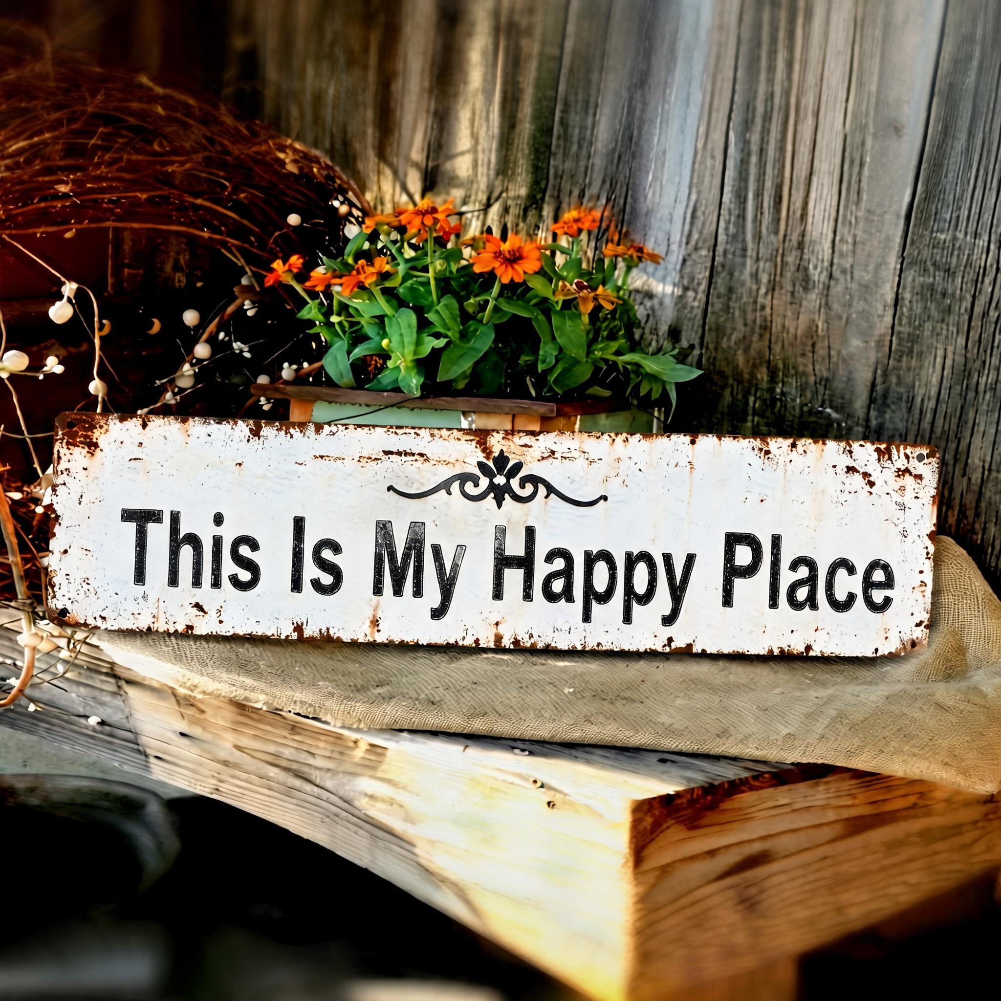 Rustic Metal Happy Place Wall Sign – Vintage Patina Farmhouse Decor