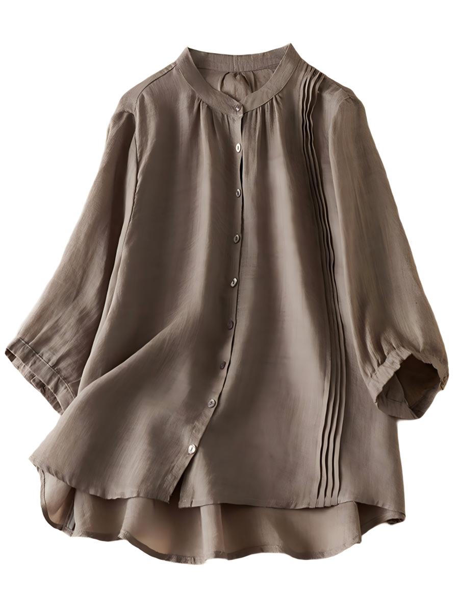 Women  Solid Color Small Stand Collar Three-quarter Sleeves Accordion Pleats Casual Linen Shirt