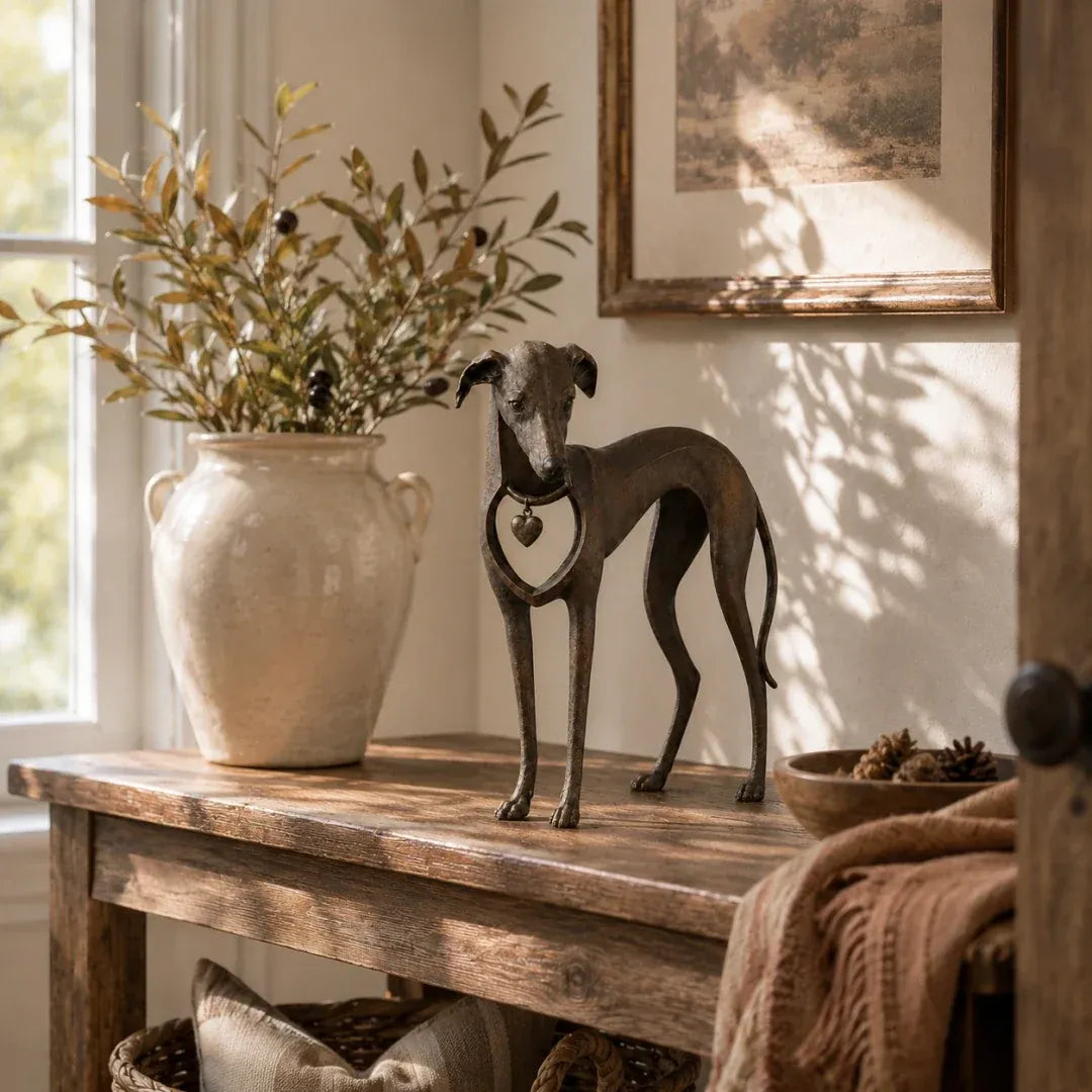 Sighthound Sculpture – Vintage Iron Dog Accent for Timeless Interiors