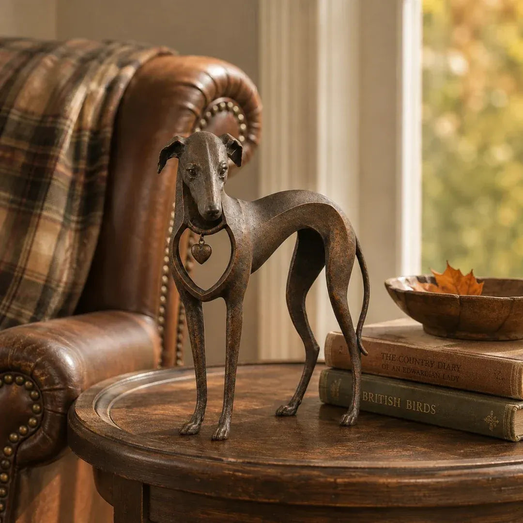 Sighthound Sculpture – Vintage Iron Dog Accent for Timeless Interiors