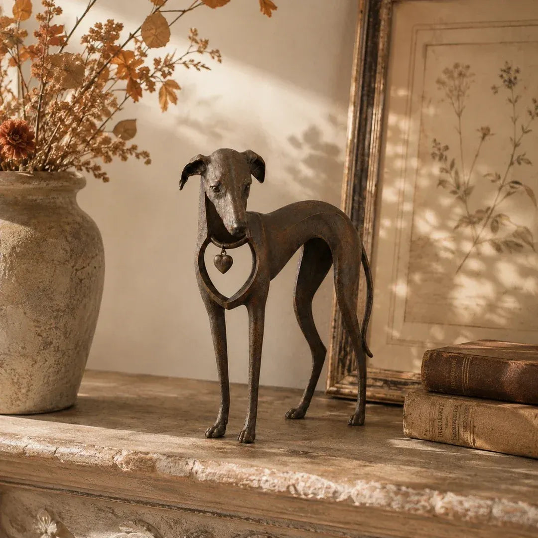 Sighthound Sculpture – Vintage Iron Dog Accent for Timeless Interiors