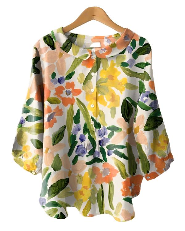 Vintage Floral Print Long Sleeve Peter Pan Collar Shirt