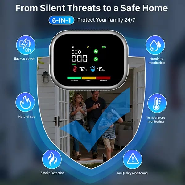 🏠 6-in-1 Smart Home Safety Detector – CO, Gas, Smoke, Temperature & Humidity Alarm