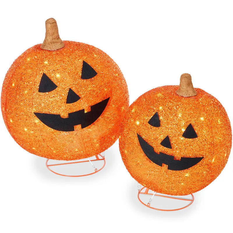 🎃 2pc Lighted Pop-Up Outdoor Halloween Pumpkin Set, Fall Holiday Decoration w/ 130 LED Lights, 8 Light Functions