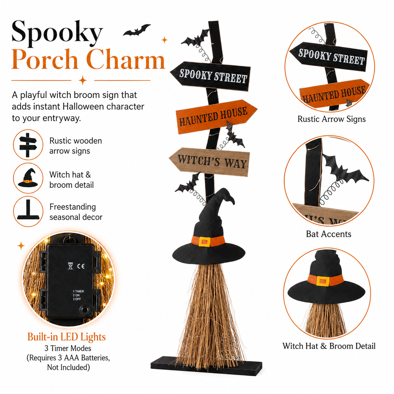 16 Inch Lighted Halloween Wooden Witch’s Broom Porch Decor