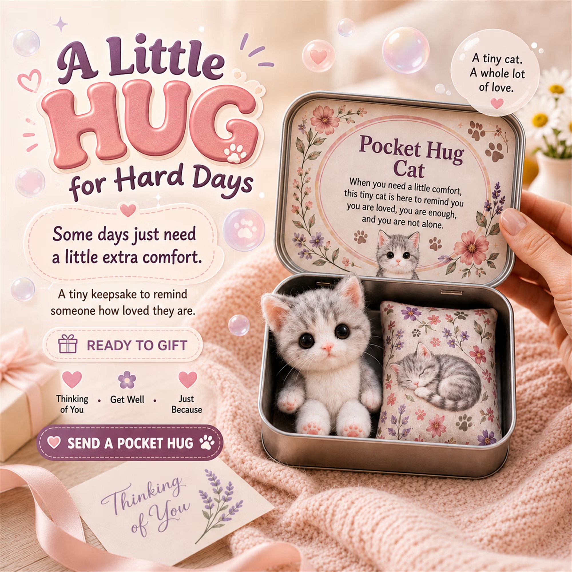Pocket Hug Plush Keepsake Tin, Mini Portable Comfort Pocket Plush Toy