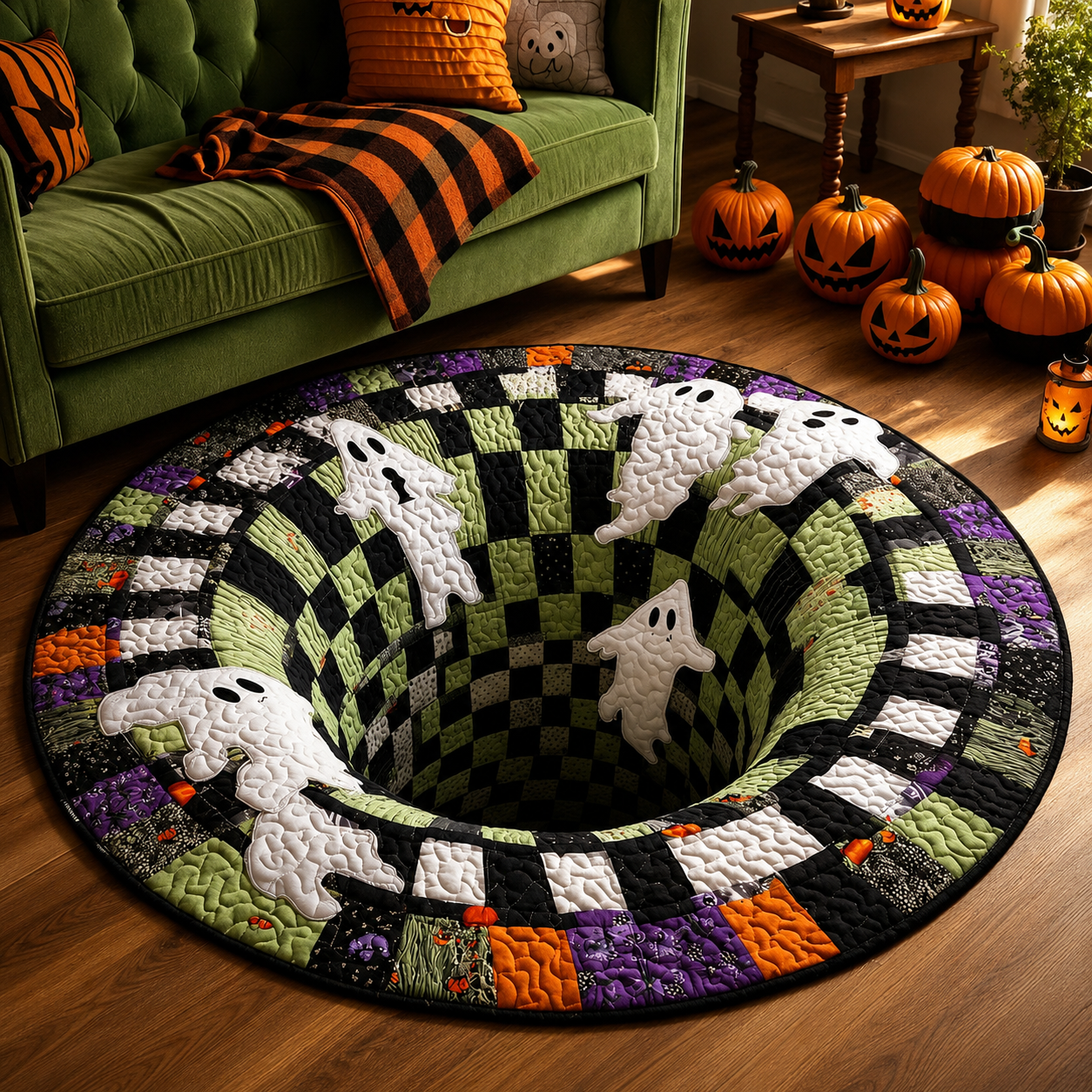 3D Skeleton Vortex Quilted Round Halloween Rug