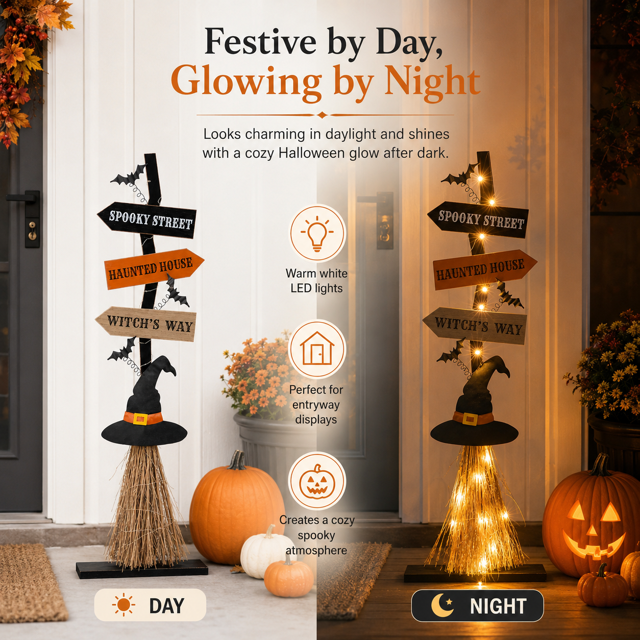 16 Inch Lighted Halloween Wooden Witch’s Broom Porch Decor
