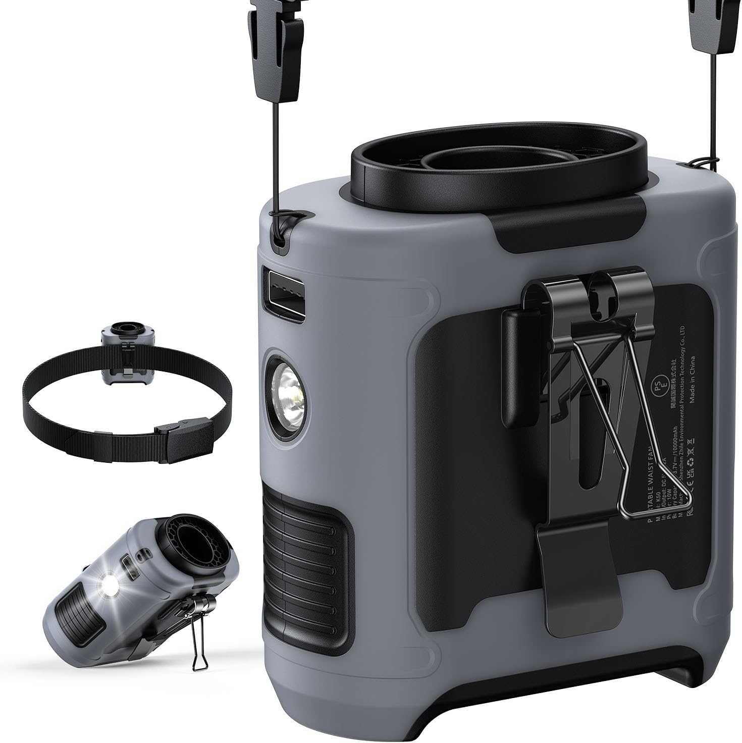 2025 Upgrade Portable Waist Fan Clip on 10000mAh Body Wearable Belt Clip Fan Undershirt Personal Cooling Neck Fans with 5 Speeds Flashlight&Power Bank 40H Cooling For Outdoor Camping Travel (Grey)