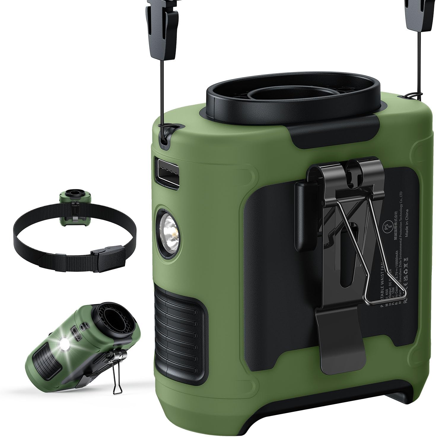 2025 Upgrade Portable Waist Fan Clip on 10000mAh Body Wearable Belt Clip Fan Undershirt Personal Cooling Neck Fans with 5 Speeds Flashlight&Power Bank 40H Cooling For Outdoor Camping Travel (Grey)