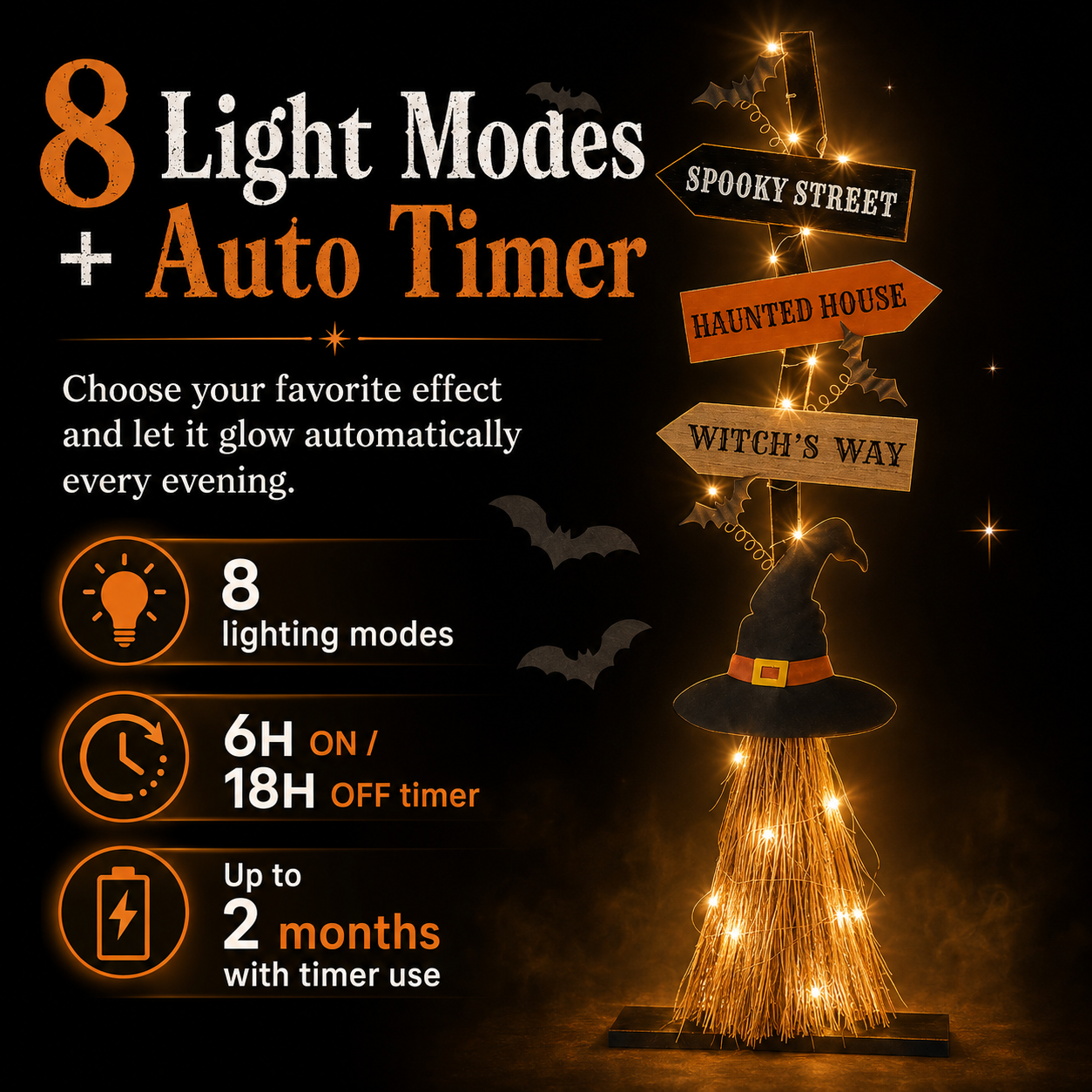 16 Inch Lighted Halloween Wooden Witch’s Broom Porch Decor