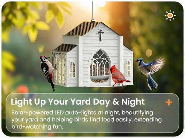 [Mother's Day Gift]MrCrafts Church-Shaped Metal Bird Feeder with Solar Light, 10.35'' * 6.69'' * 8.2'', Hanging Outdoor Feeder, 4lb Large Capacity & Bird Suet Design, Weatherproof, Garden/Yard/Deck Decor & Unique Gift for Christmas & Mother's Day
