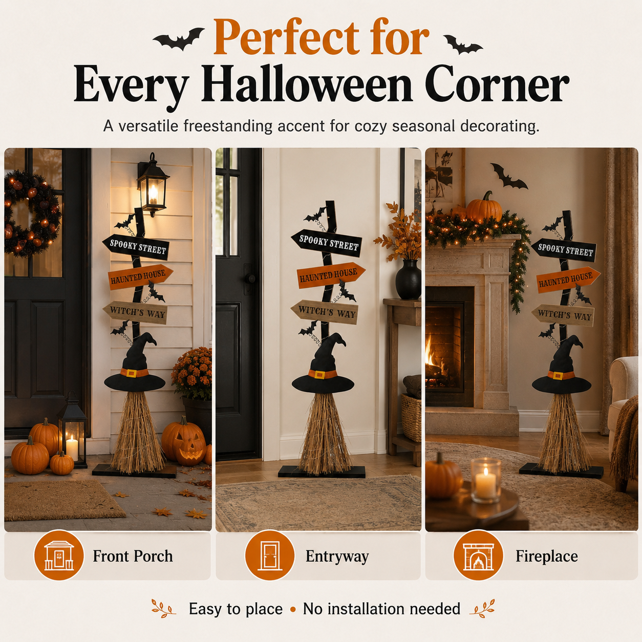 16 Inch Lighted Halloween Wooden Witch’s Broom Porch Decor