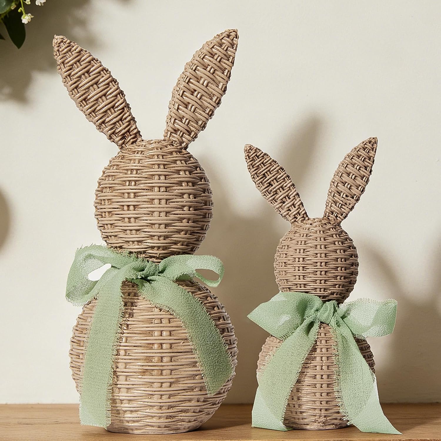 Rattan Effect Resin Bunnies with Light Green Bow 2-Pcs Large & Small, Easter Decorations Bunny Figurines Set, Farmhouse Spring Table Centerpiece Decor for Home Wedding Gift