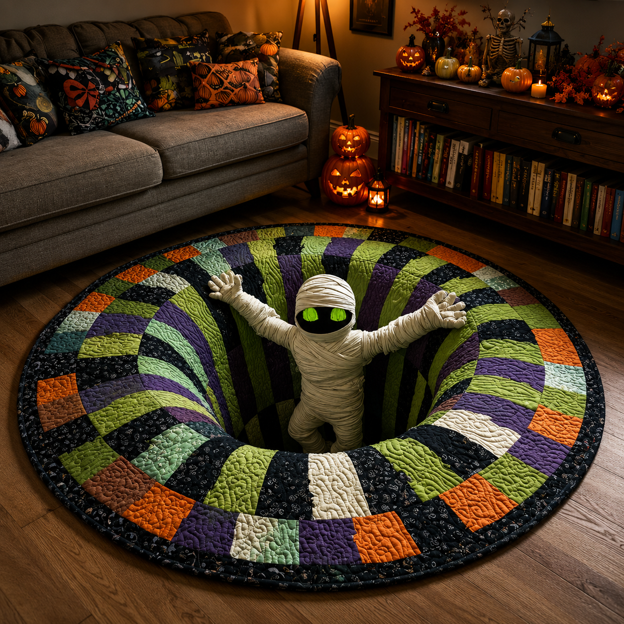 3D Skeleton Vortex Quilted Round Halloween Rug