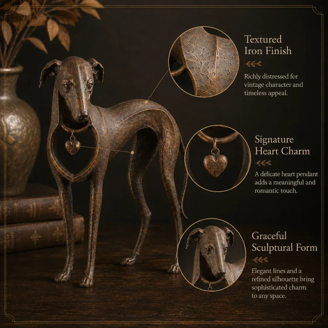 Sighthound Sculpture – Vintage Iron Dog Accent for Timeless Interiors