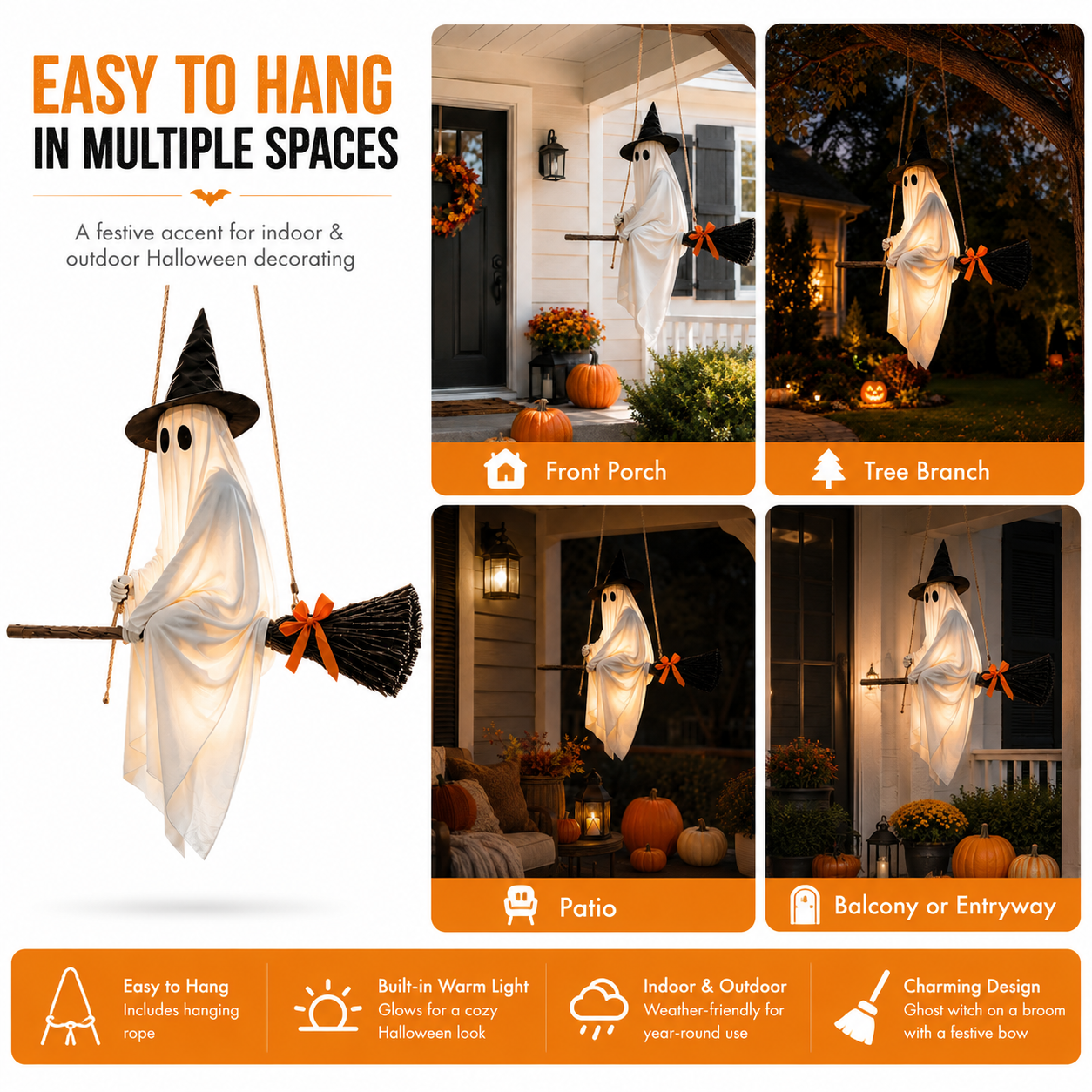 Lighted Hanging Ghost Witch Halloween Decoration