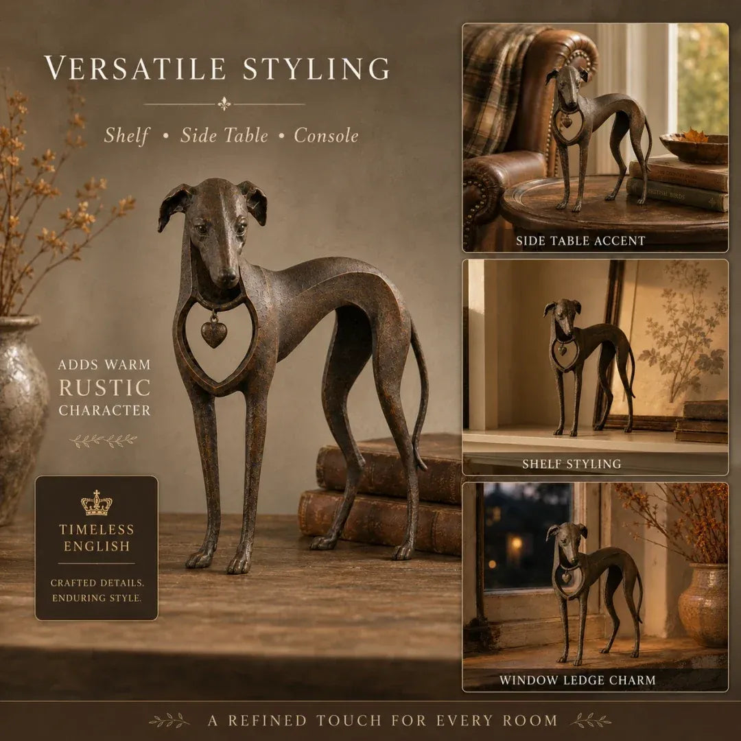 Sighthound Sculpture – Vintage Iron Dog Accent for Timeless Interiors