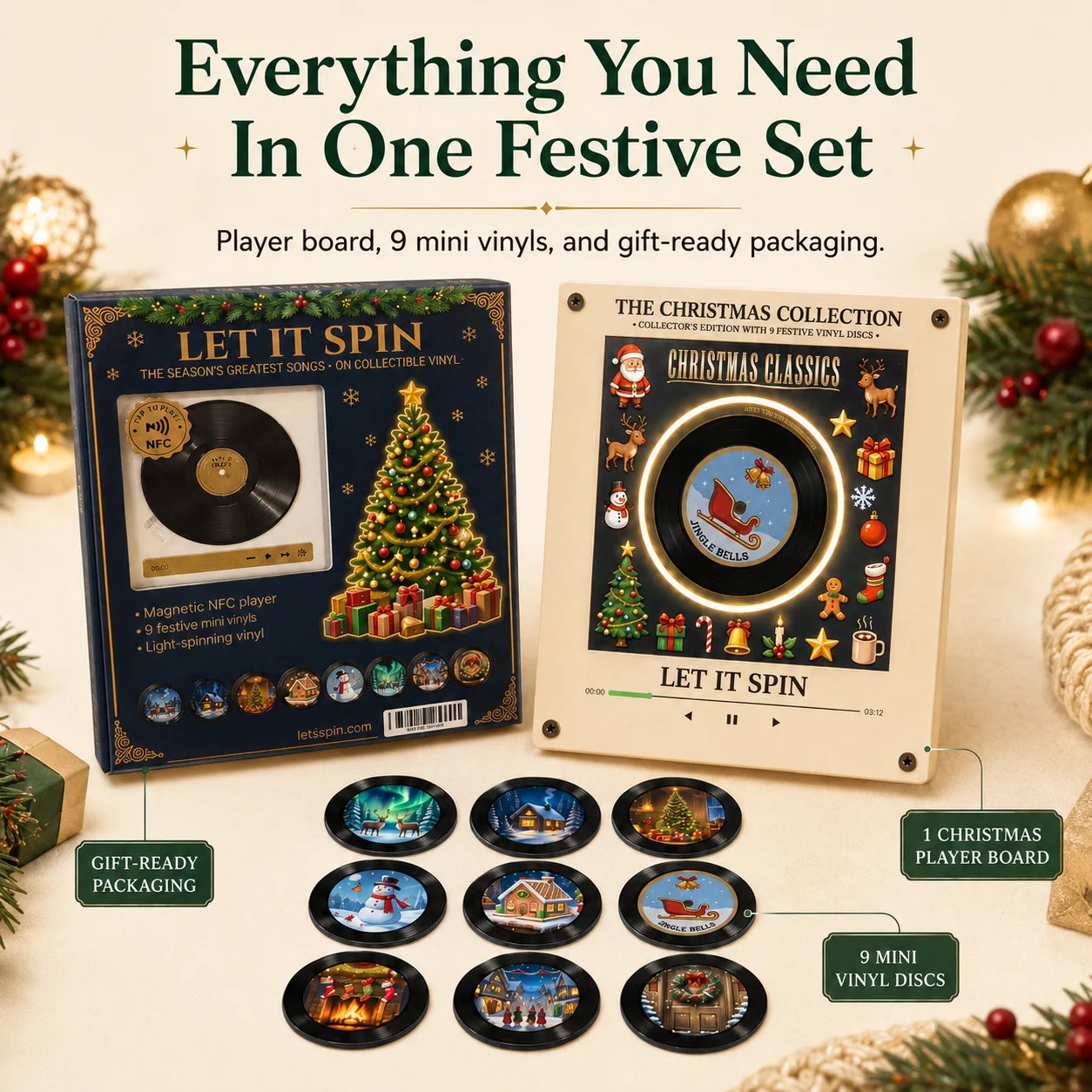 Christmas vinyl player set contents