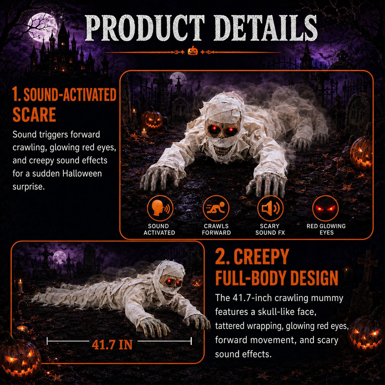 Crawling mummy demonstrating sound activation, movement, red eyes, and scary sound