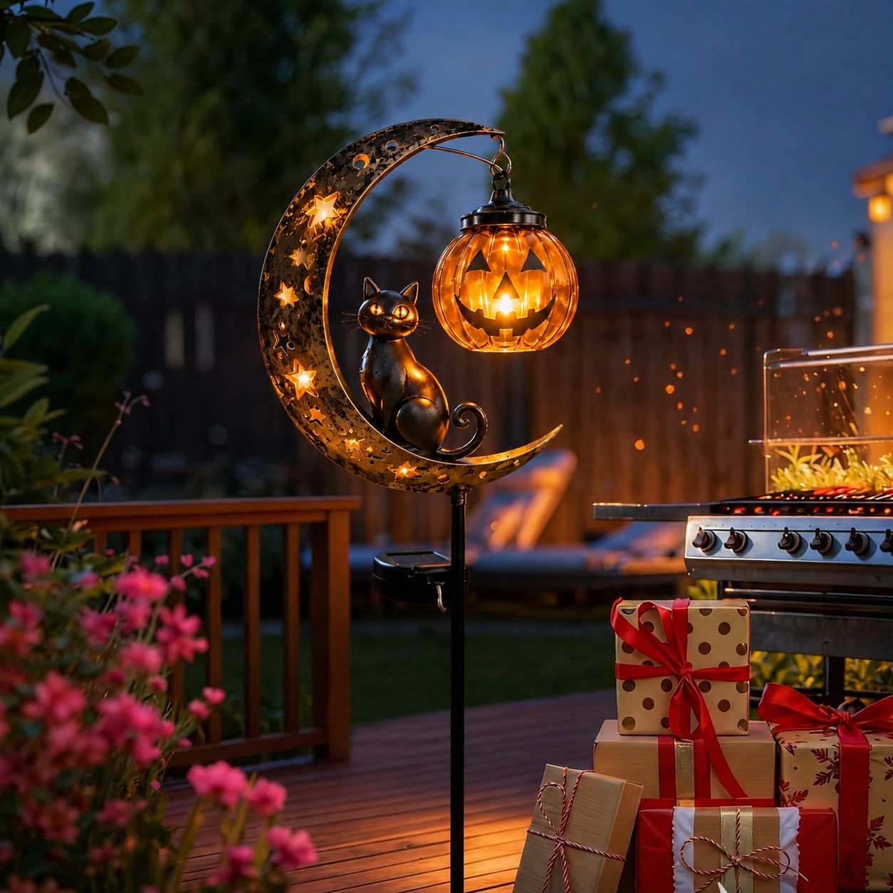 Solar Halloween Black Cat & Pumpkin Moon Garden Stake Light