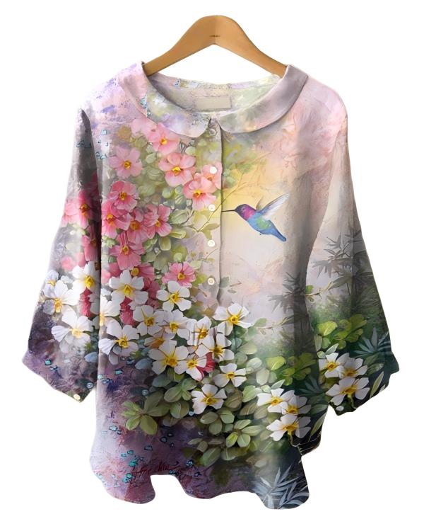 Vintage Long Sleeve Peter Pan Collar Floral Print Shirt
