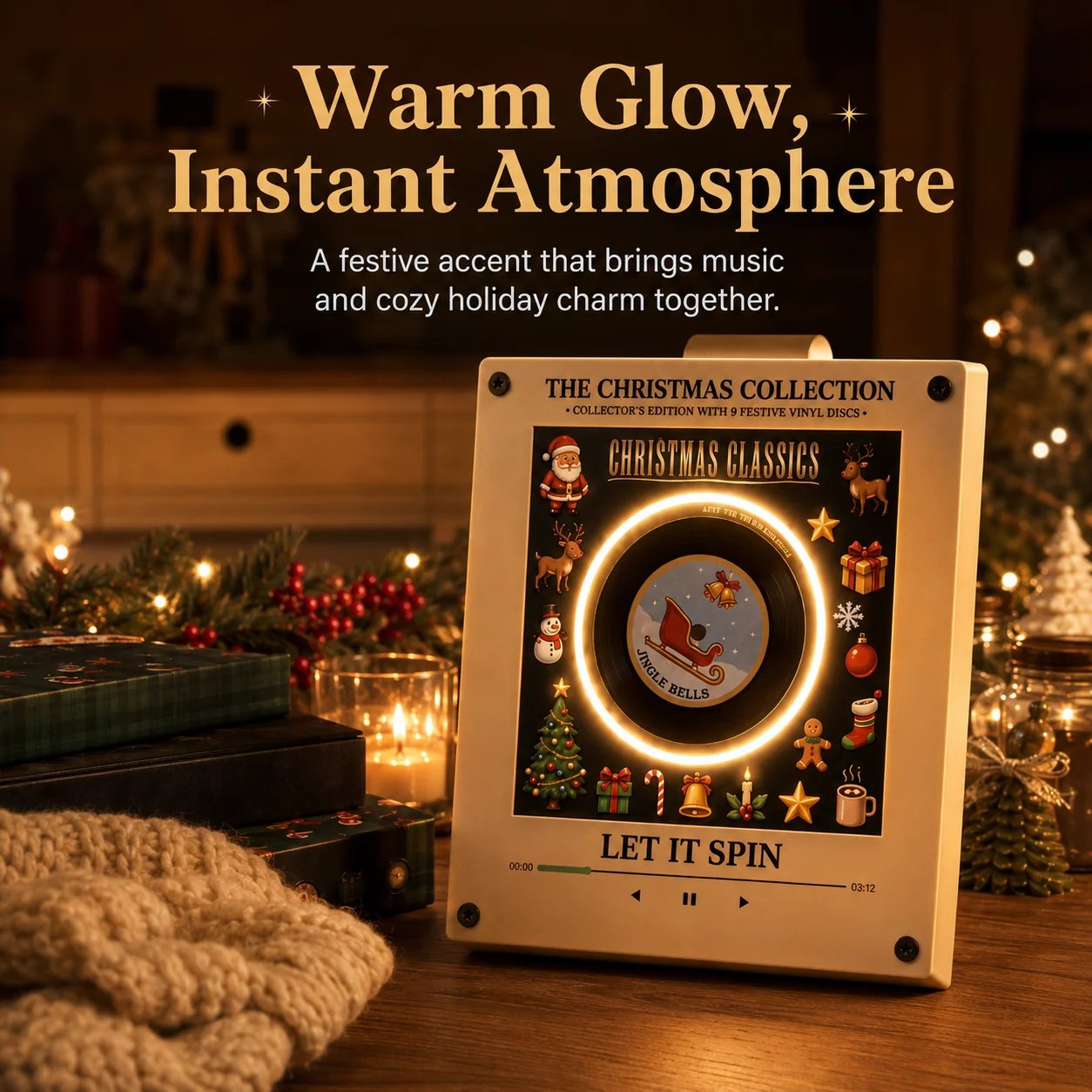 Warm glow Christmas vinyl player decor