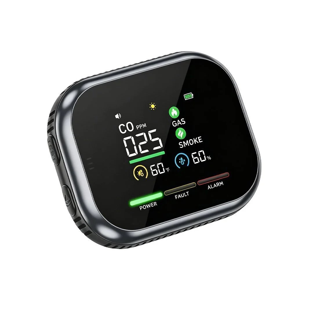 🏠 6-in-1 Smart Home Safety Detector – CO, Gas, Smoke, Temperature & Humidity Alarm