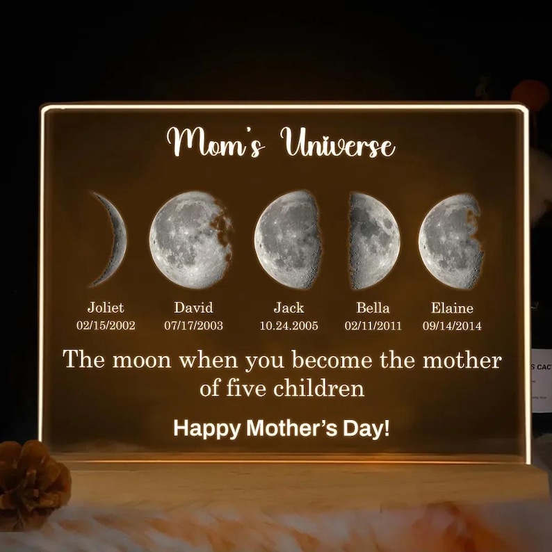 Custom Moons Phase LED Night Light, Personalized Moons Phase with Kids Names, Mother’s Day Gifts,Gift for Mama,Custom Night light Moon Phase