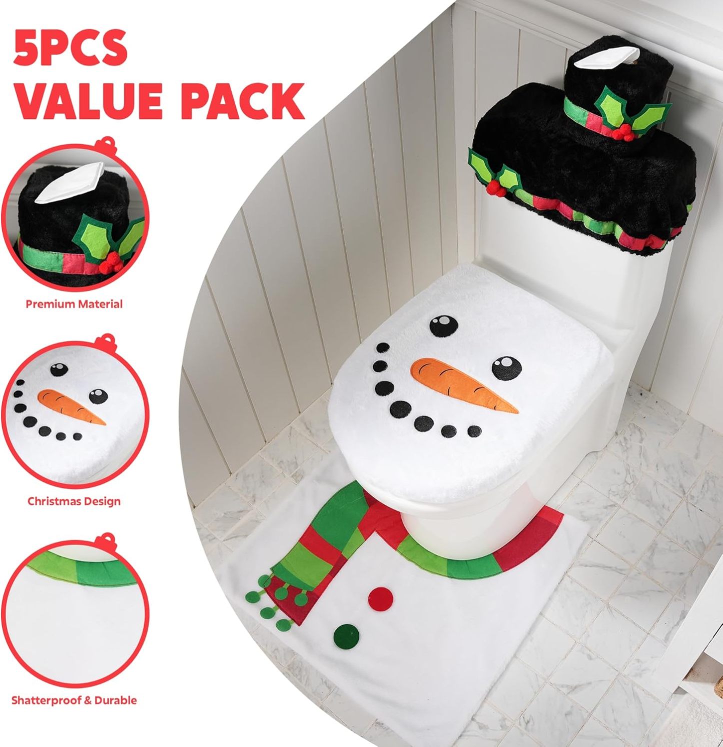 5 Pieces Christmas Theme Bathroom Decoration Set
