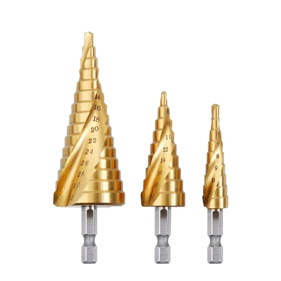 3PCS Foret Fraise Meche Etage, HSS Inox Metal, 4-12/20/32mm, Triangle Conique Titane, avec Tige Hexagone, Pour Visseuse Percage sur Acier, Laiton, Bois, Plastique
