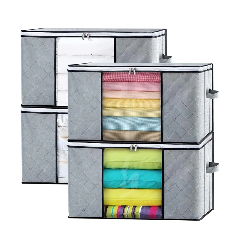Grand Sac de Rangement 4 Set, Boite de Rangement Vetement Caisse Rangement, Housse de Rangement Couette Poignée Renforcée Cartons Déménagement Couvertures, Rangement Placard Vetement, Gris