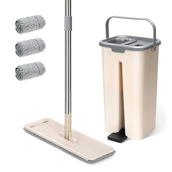 Balai Serpillère, Balai Plat Microfibre et Seau Essoreur avec 3 Serpillères Réutilisables, Serpillière Rotative avec Manche INOX, Serpillere Professionnel pour Sols Carrelés, Parquets