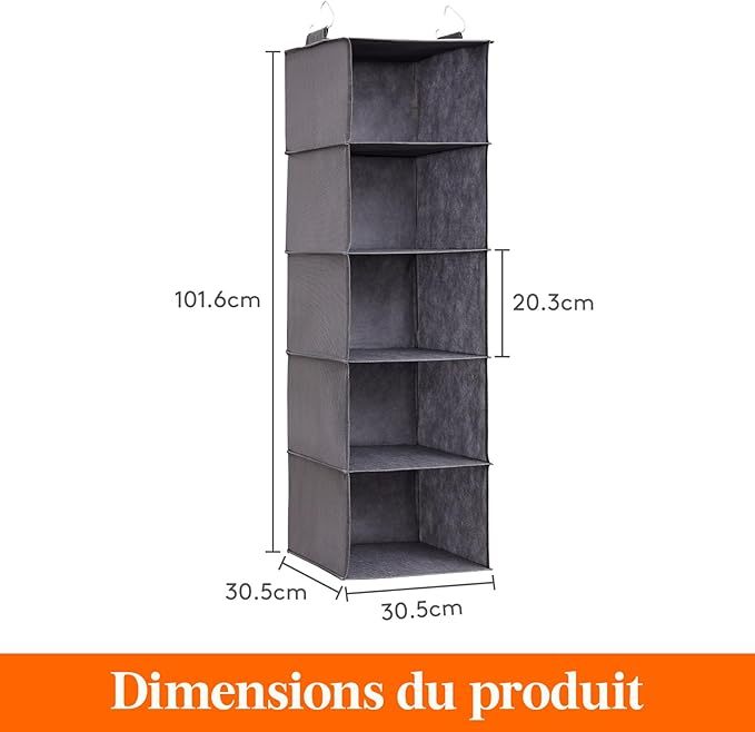  Lot de 2 Rangement Suspendu avec 5 Étagères et 2 Crochets Solides, Étagères de Rangement Armoire pour Placard, Organisateur Pliable, Rangement Vetement, Gris